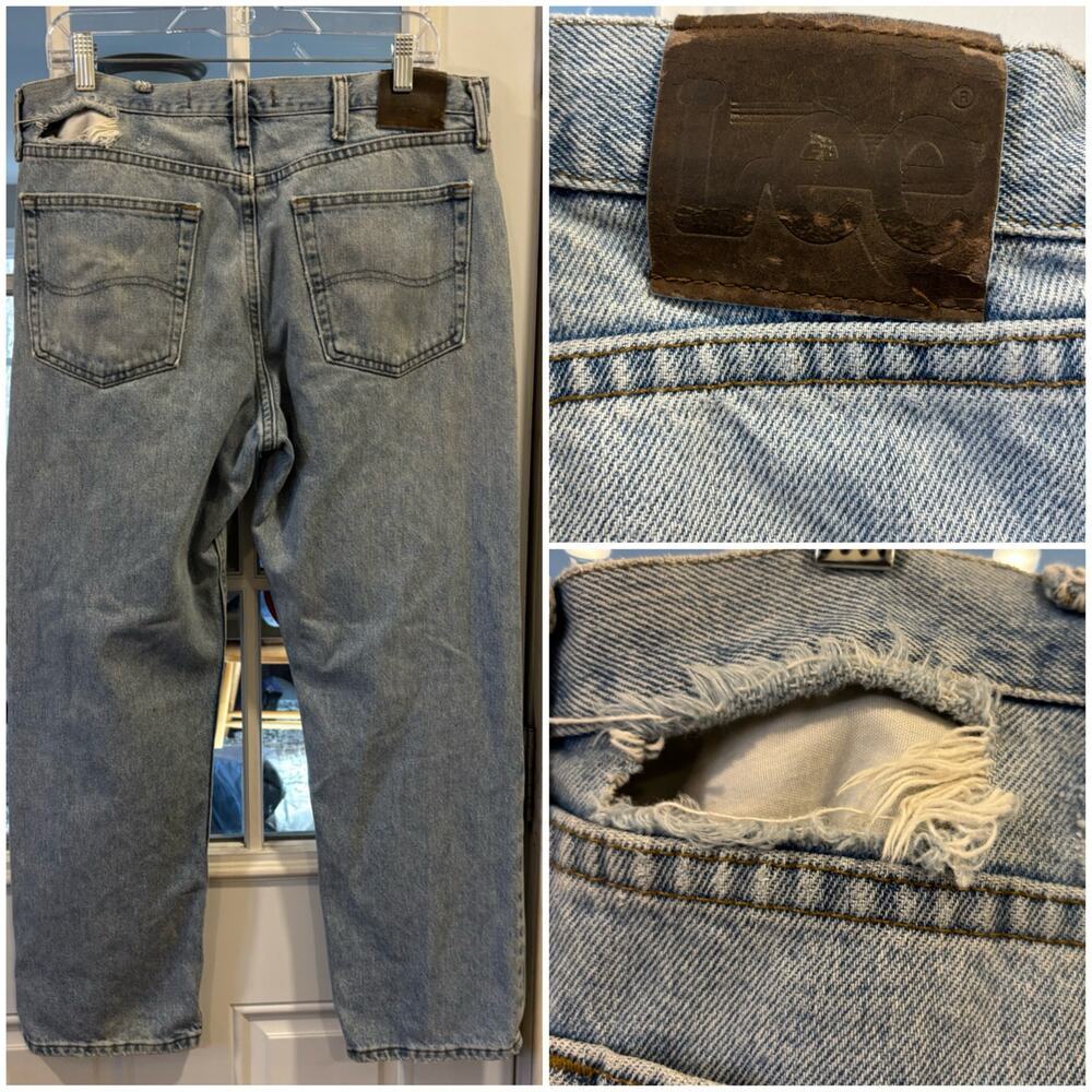 Vintage Lee Men’s Regular Fit Distressed Denim Jeans 36x29 Light Wash Grunge - Picture 8 of 8